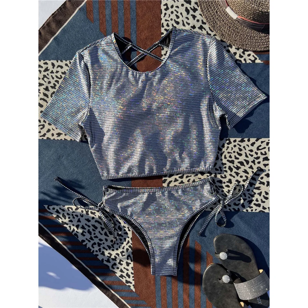 Karierter Bikini mit gekreuztem Rücken und kurzen Ärmeln, Damen-Badebekleidung, zweiteiliges Bikini-Set, Badeanzug, Damen-Badebekleidung, V4395 – Detail 9