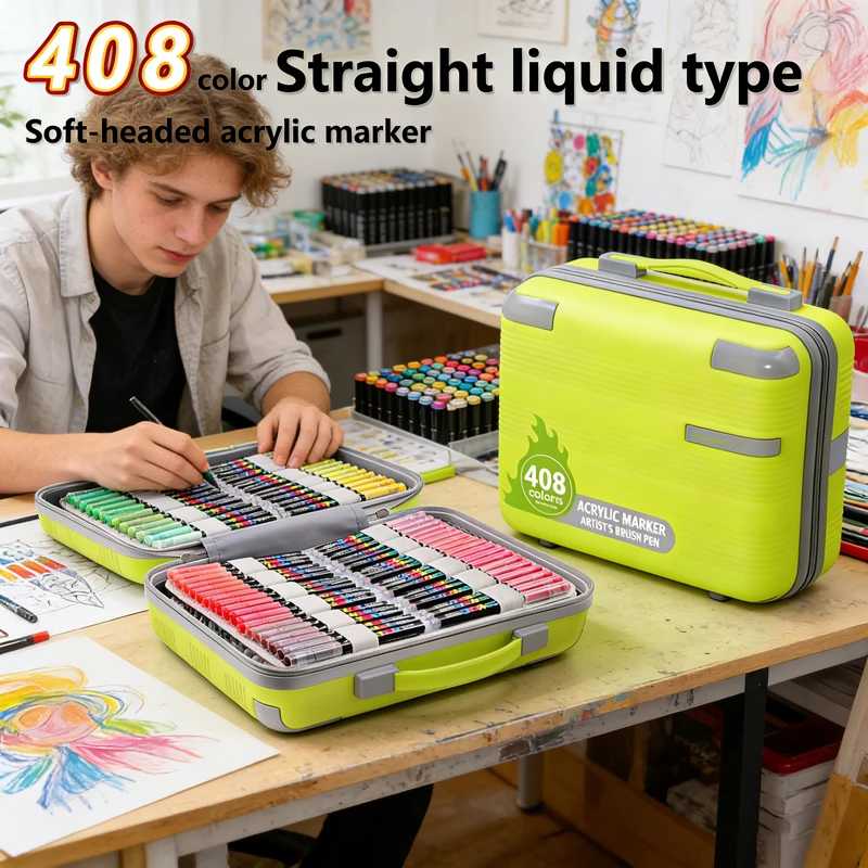 

Guangna 408 Color Acrylic Marker Set with Travel Case | Professional Paint Pens for Artists, Canvas, Rock Painting