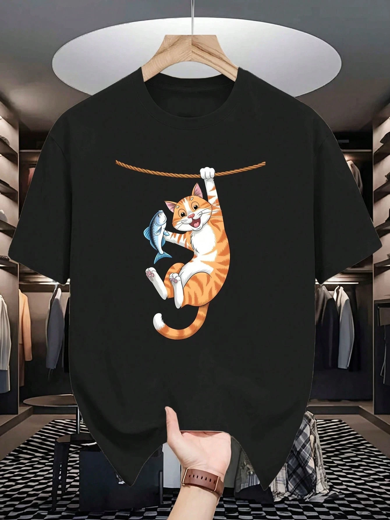 تي شيرت رجالي عصري للشارع على شكل قطة وأسماك تي شيرت مناسب للاستخدام الخارجي للجنسين يسمح بمرور الهواء ملابس شارع هاراجوكو قطنية