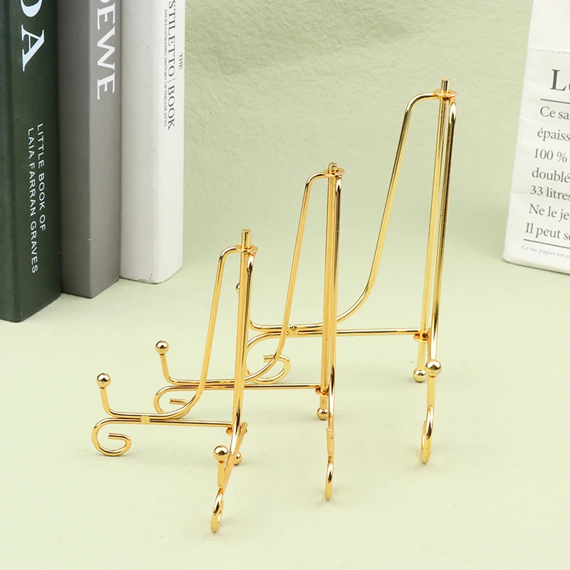 

Gold Iron Display Stand Craft Bracket Book Holder Photo Pedestal Bowl Dish Frame Picture Plate Rack Easel Storage Decorations