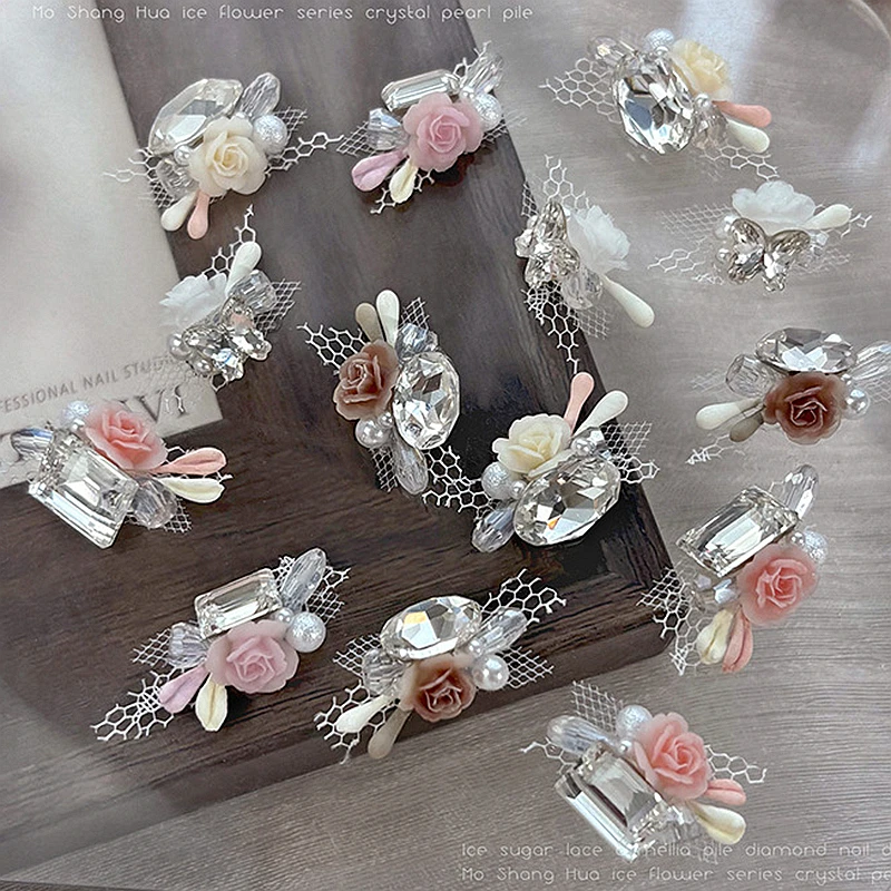 

5PCS 3D Crystal Nail Art Rhinestone Resin Lace Flower Pile Charms Jewelry Accessories For Manicure Nails Decoration Supplies