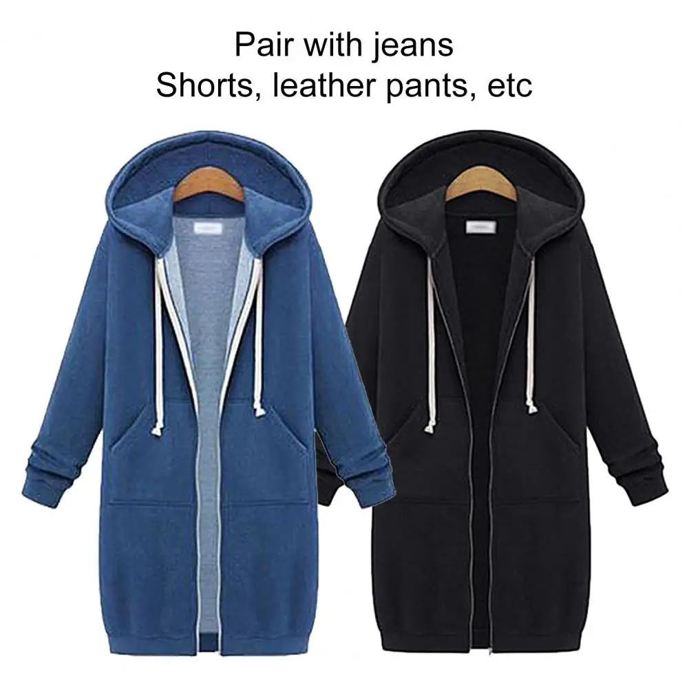 New Women Large Size Autumn Winter Zip Hoodie Sweater Hooded Long Jacket Sweatshirt Coat Casual Solid Streetwear Female Hoodies