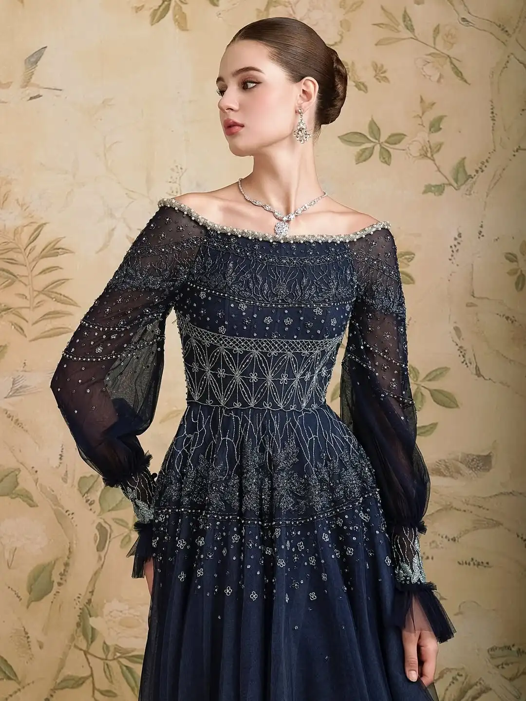 

Ofherown Elegant Navy Blue Off Shoulder Beaded Emboidery Evening Dress Long Sleeve Tulle Luxury Formal Party Prom Gown for Women