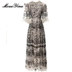 MoaaYina Spring Fashion Designer Vintage Mesh Party Dress Women's O Neck Half Sleeve Ruffles Sequins High Waist Slim Long Dress