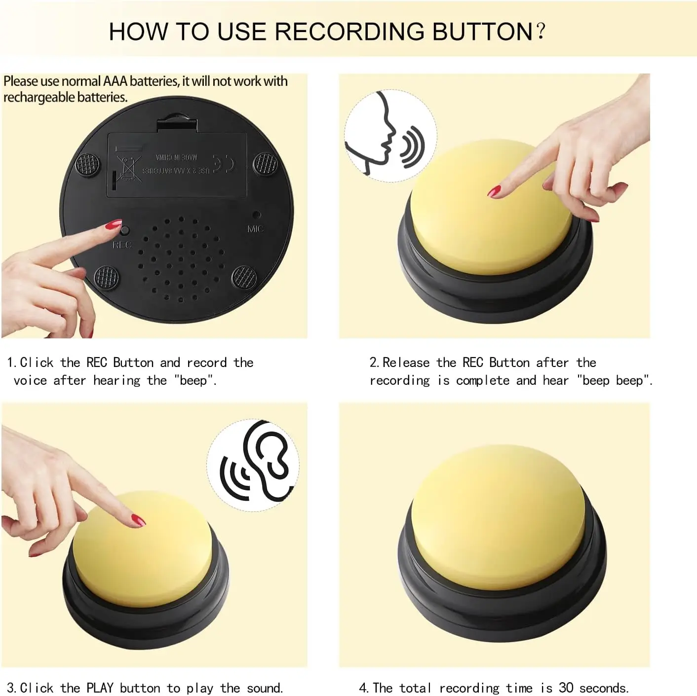 Voice Recording Button, Dog Buttons for Communication Pet Training Buzzer, 30 Second Record & Playback  sound button