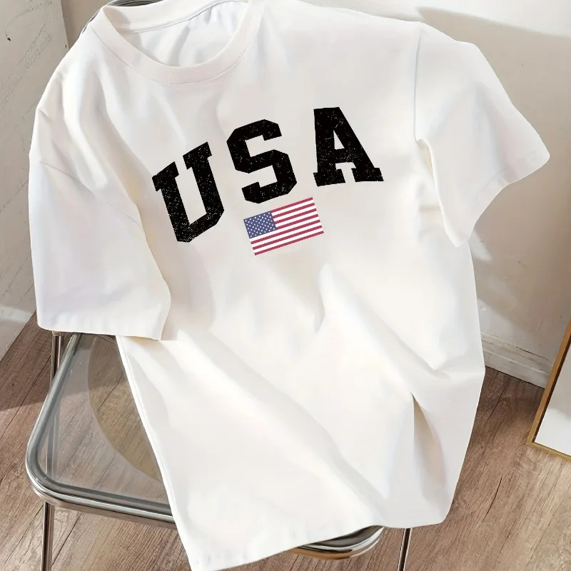 USA Letter Printed Men's New T-shirt Loose and Fashionable Short Sleeved Round Neck Casual Top Summer Daily Couple T-shirt