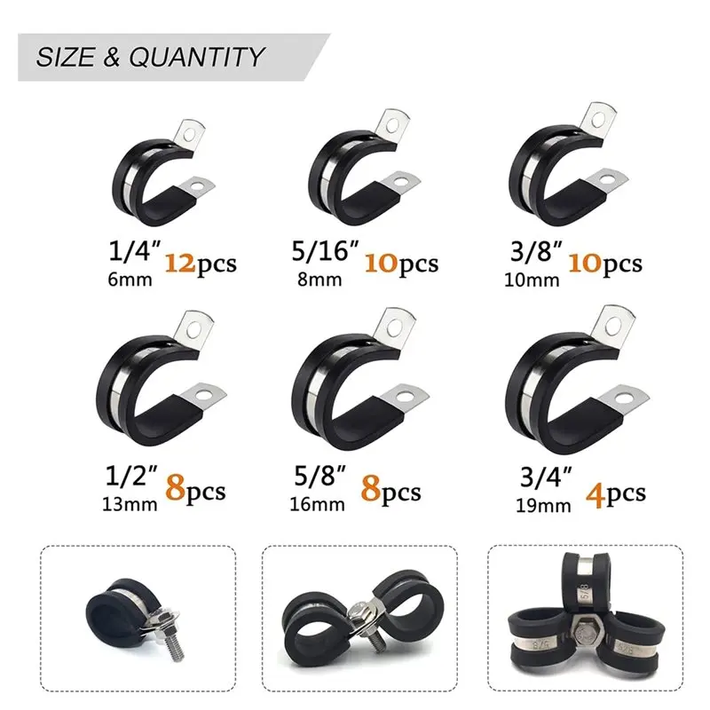 AB42-52Pcs Cable Clamps Assortment Set 304 Stainless Steel Rubber Cushion Pipe Clamps For Wires Hoses Tubes Auto Marine Home