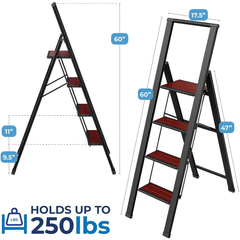 Step Ladder 4 Step Folding, Decorative - Beautiful Mahogany & Black Aluminum, Ultra Slim Profile, Anti Slip Steps