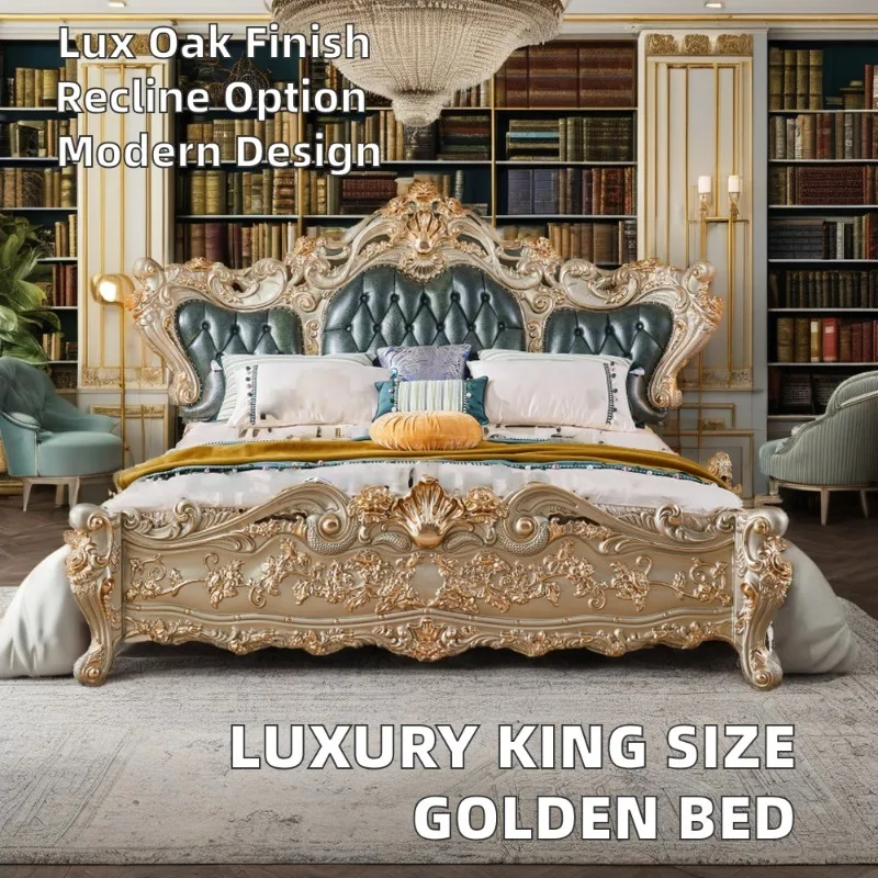 B88 #Gold Large Luxury Soft Bed Royal European Hand-Carved Oak Solid Wood Frame Configuration Bedside Table Bedroom Set