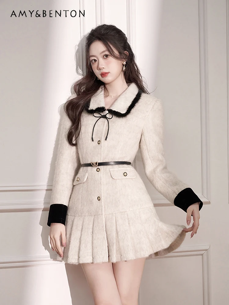 French Doll Collar Woolen Dress for Women High-Grade Elegance Slim Patchwork Pleated Mini Dress Preppy Style Sweet White Dress