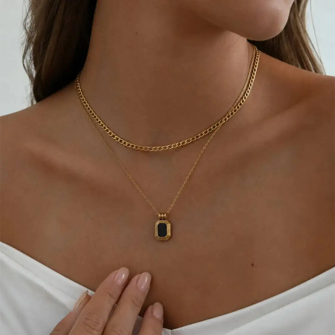 SHIXIN Stainless Steel Square Black Acrylic Pendant Necklace Women Classic Doublelayer 18K Gold Plated Waterproof Chain Jewelry