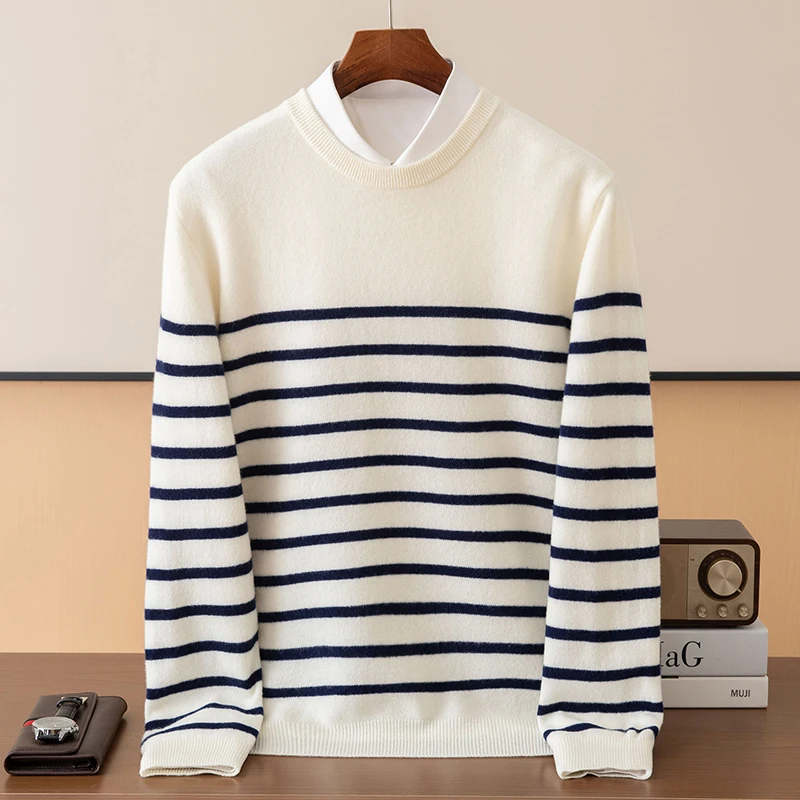 Autumn And Winter Cashmere Round Neck Men's Striped Sweater Loose Warm Pure Wool Plus Size Casual Knitting Bottoming Shirt