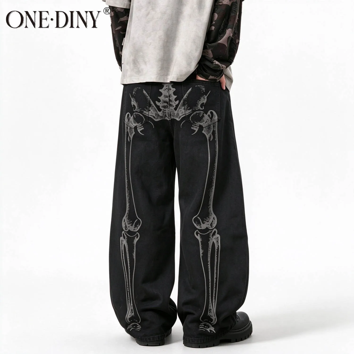 ONE·DINY Men's Retro Black Skeleton Print Baggy Jeans Wide Leg Denim Pants Gothic Punk Y2K Streetwear Casual Daily Trousers