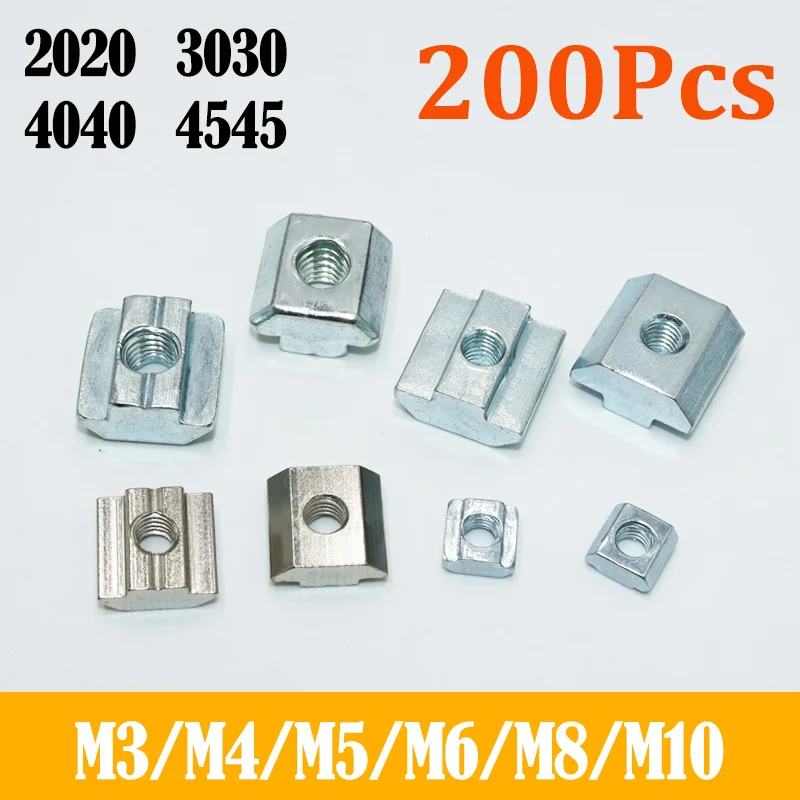 200p/lot T Sliding Nut Block Square Nuts M3 M4 M5 M6 for 2020 3030 4040 45 Slot Sliding Nut in Connection Aluminum Profile T Nut