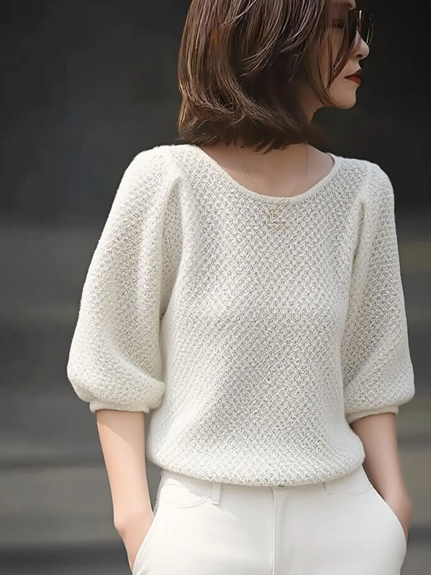 

Женский шелковый свитер Ele Lace Knit Top с рукавами-фонариками, ажурный, свободного кроя, в модном стиле, весенний, верхняя одежда