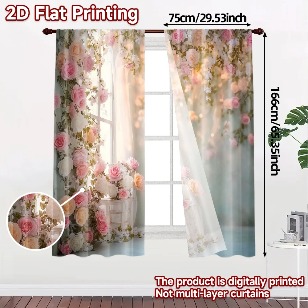 2pcs, 2D FLAT PRINTING Curtains (Without Rod) Rose Serenity Popular Window Curtain Versatile Polyester Fabric Curtains