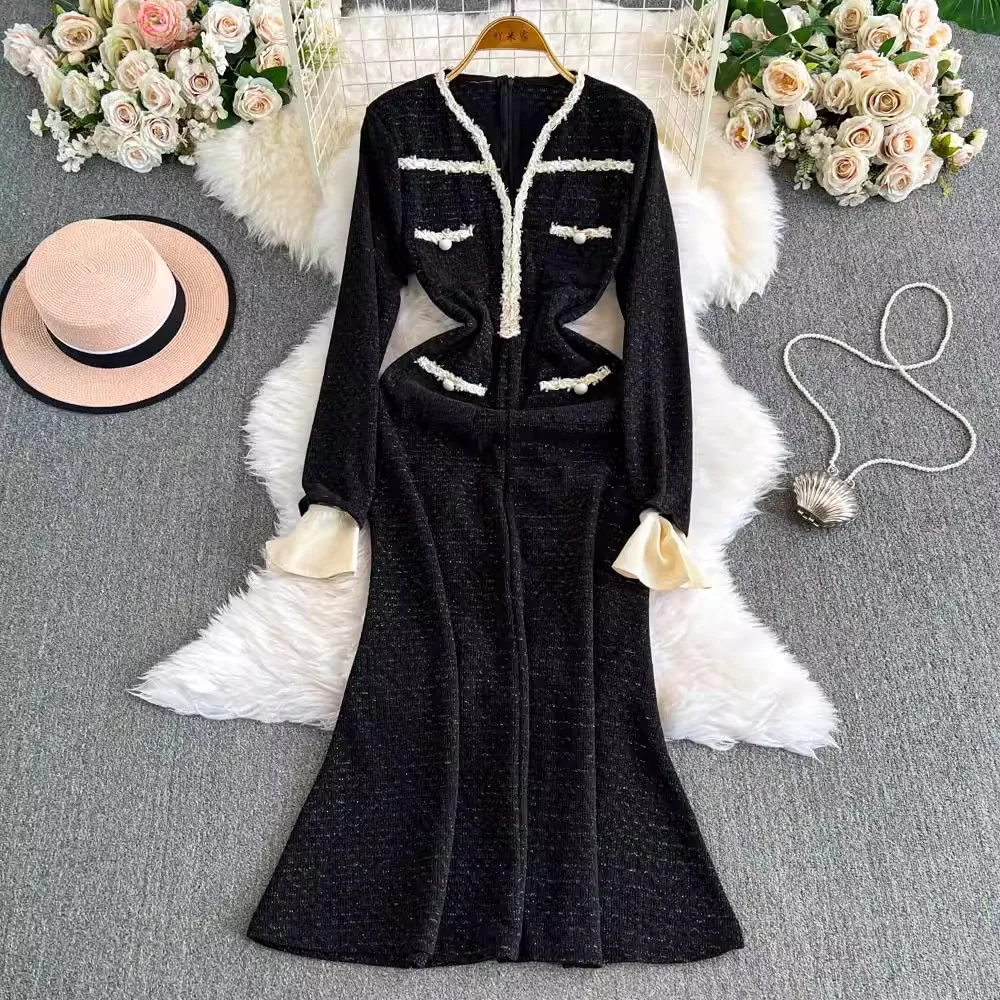 Runway Elegant Women V Neck Tweed Mermaid Dress New Autumn Winter Long Sleeve Spliced Woolen Weave Slim Bodycon Party Vestidos