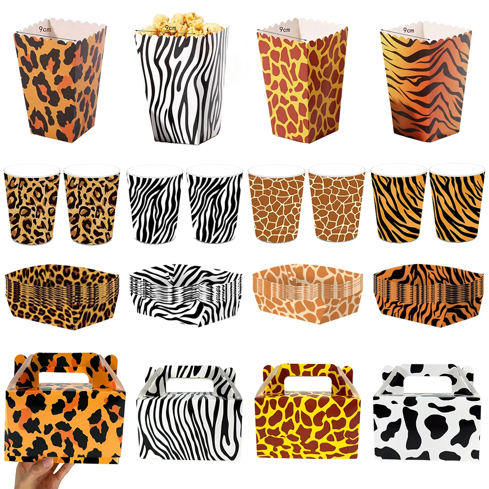 Boîtes à Popcorn Imprimées Animaux de la Jungle, Boîtes à Friandises, Gobelets en Papier, Plateaux Alimentaires, Fournitures de Décoration pour Fêtes d'Anniversaire Safari pour Enfants et Baby Showers
