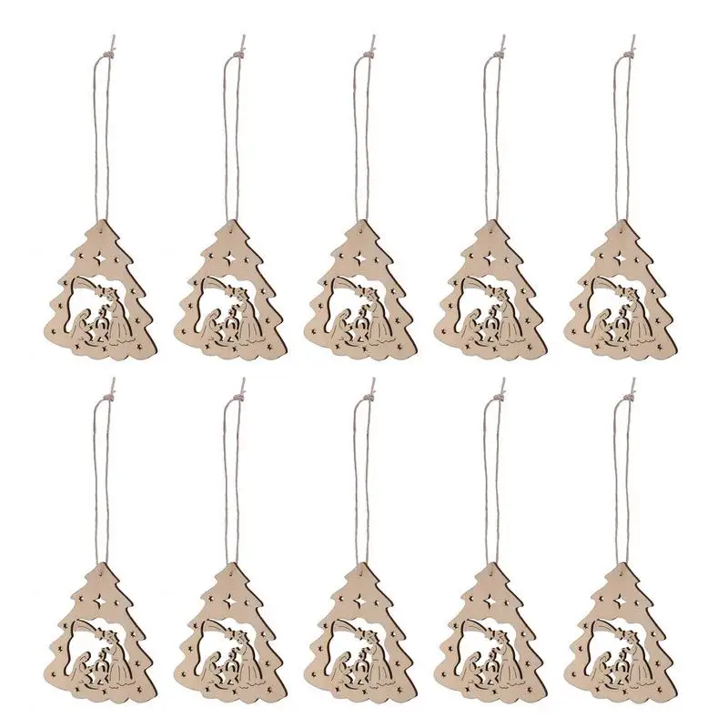 10pcs Wooden Tree Embellishments Wood Christmas Tree Blanks with Twines for Christmas DIY Craft Card Decor