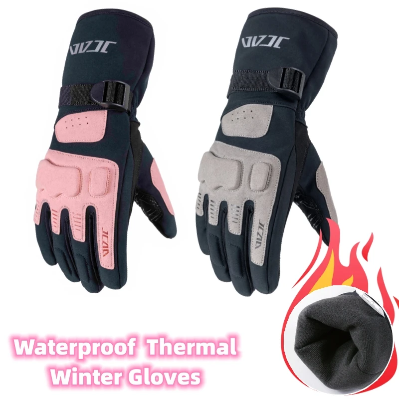 JCAA Winter Motorcycle Gloves Waterproof Warm Touchscreen Full Finger Glove Non-Slip Protective Riding Gloves Gray/Pink S-XXL view 3