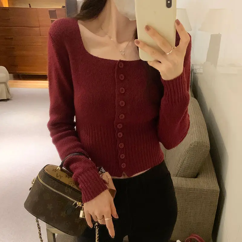 Korean Version Pure Desire Square Neck Long Sleeved Knitted Cardigan Women\'s New Style Waist Cinching Slimming Short Top