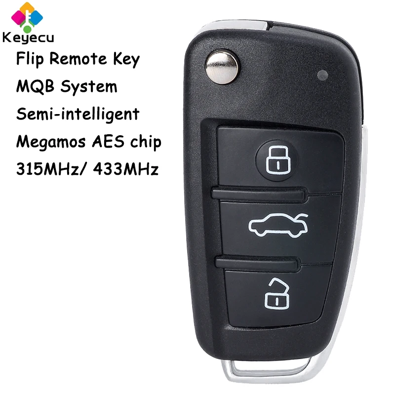 

KEYECU Semi-intelligent A6L Style Flip Remote Control Car Key With 3 Buttons 315MHz 433MHz Megamos AES Chip Fob for Audi MQB A3