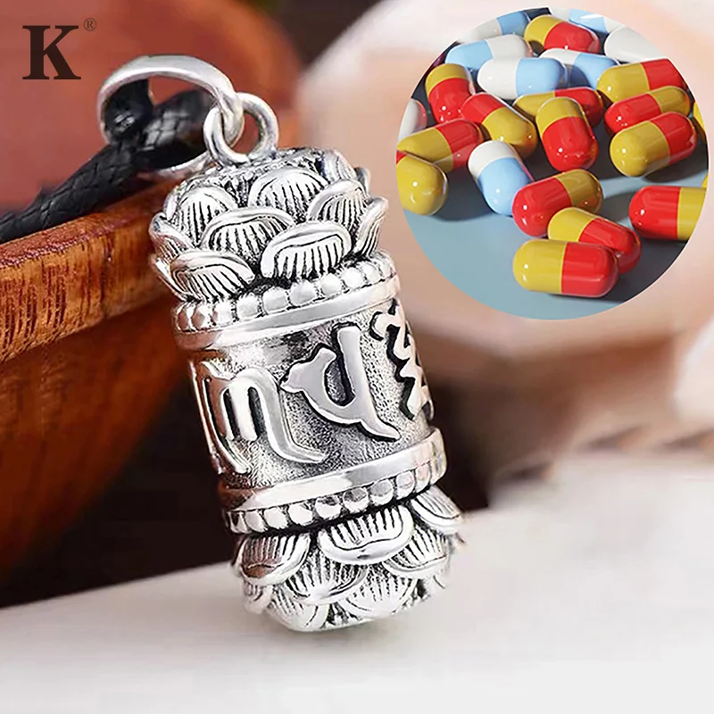 1Pc Hollow Copper Plated Lotus Sutra Cylinder Pendant Keychain Handmade Vintage Pill Box Container Bottle