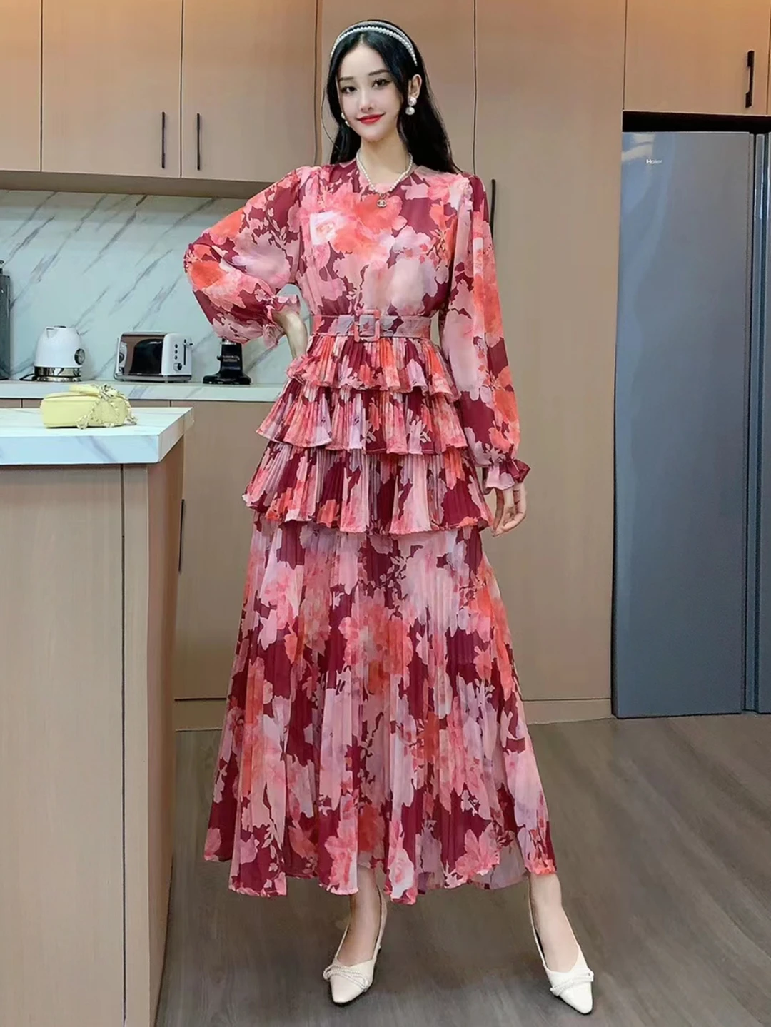 2024 New Spring Autumn Women Long Sleeve Belt Slim Long Dress High Quality Sweet Pleated Cake Big Hem Floral Dress 6 Colors