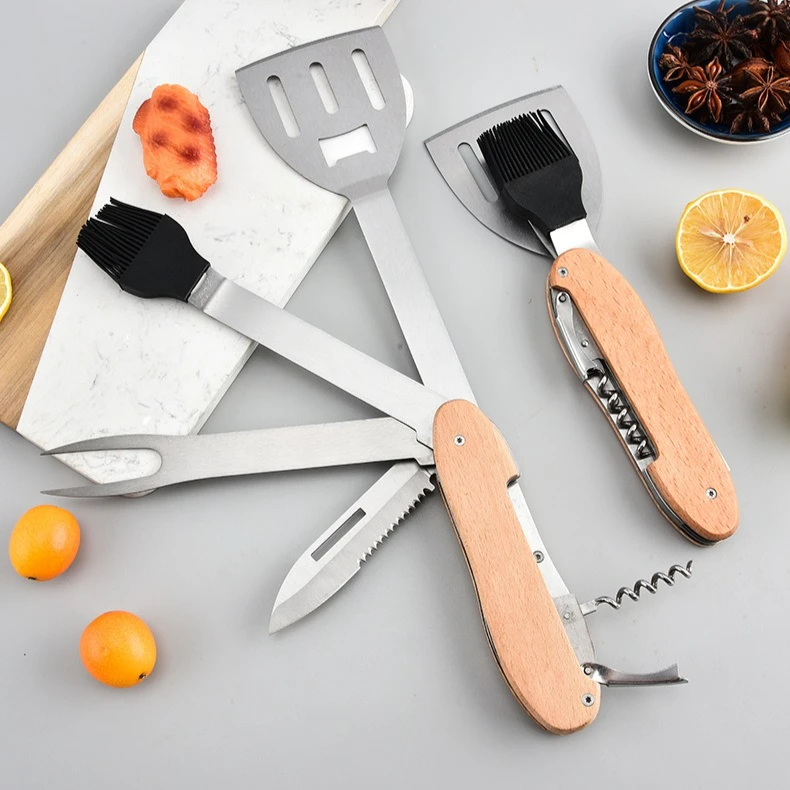 

Stainless Steel Multi-functional BBQ Oil Brush Shovel Wooden Handle Portable Camping Folding Outdoor Tableware Set