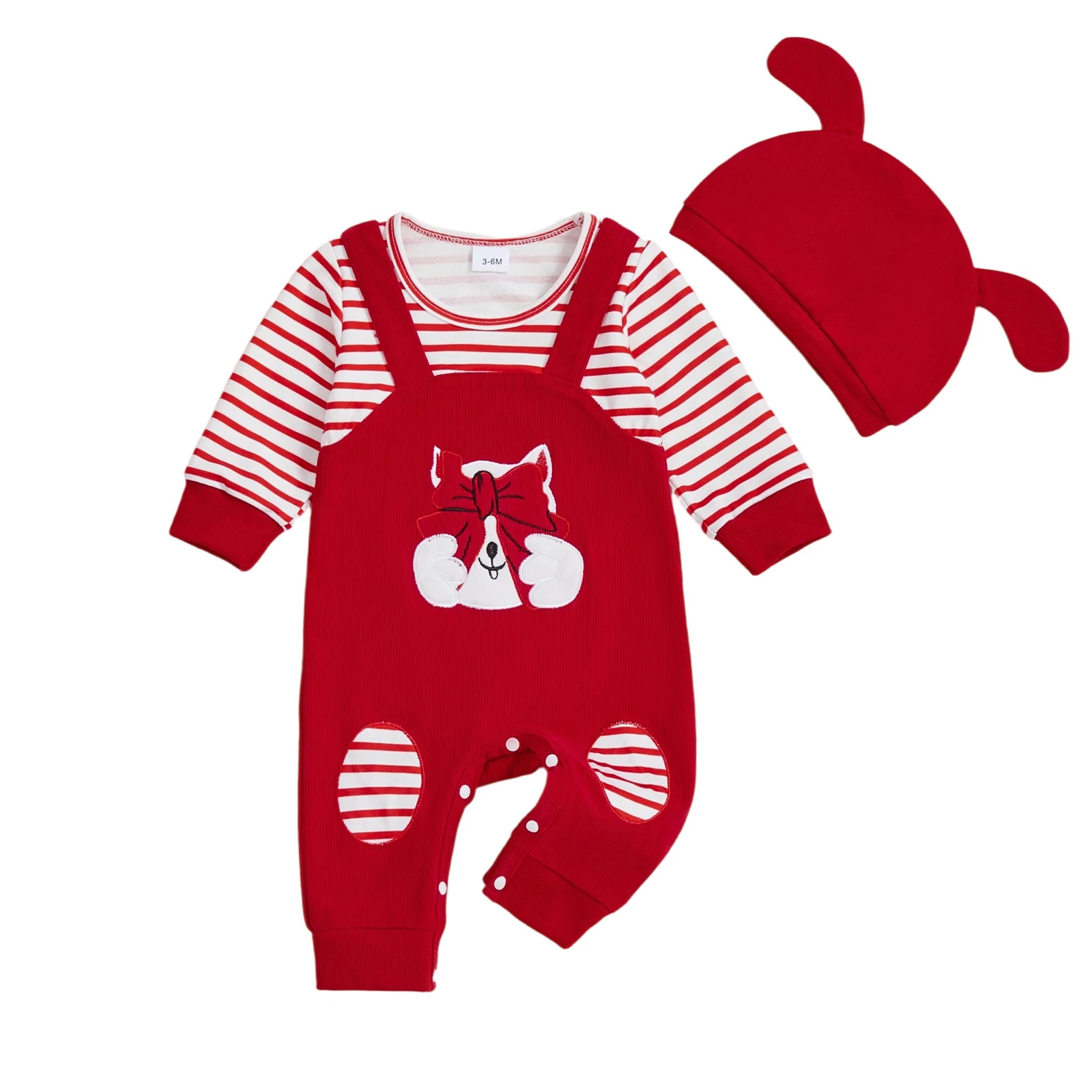 

Комбинезон для новорожденных девочек с вышивкой животных, круглым вырезом и длинными рукавами, полная длина, полосатый комбинезон со шляпой