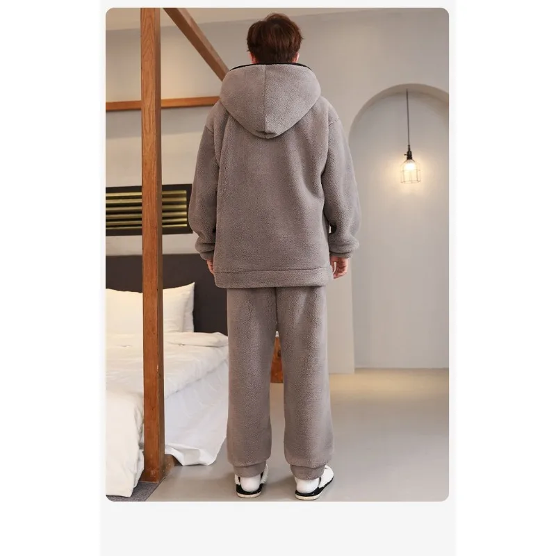 Casual Coral Zipper, Warm Winter Fashion New Large-sized, Loose and Thickened Outdoor Home Wear Set for Teenagers Men's Pajamas,