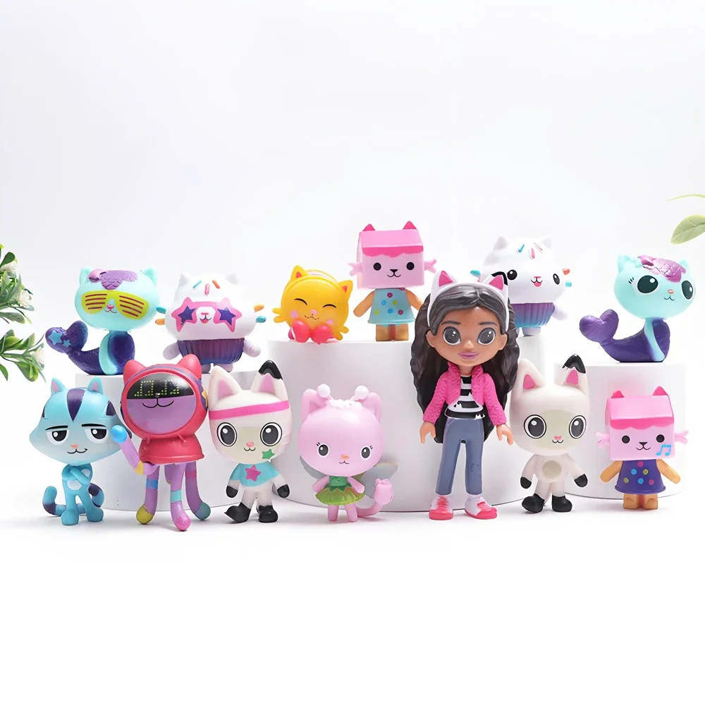 13pcs Gabby Dollhouse Anime Figure Toy Smiling Car Cat Hug Gaby Girl Dolls Mercat Cartoon Action Figure Xmas Birthday Kids Gift