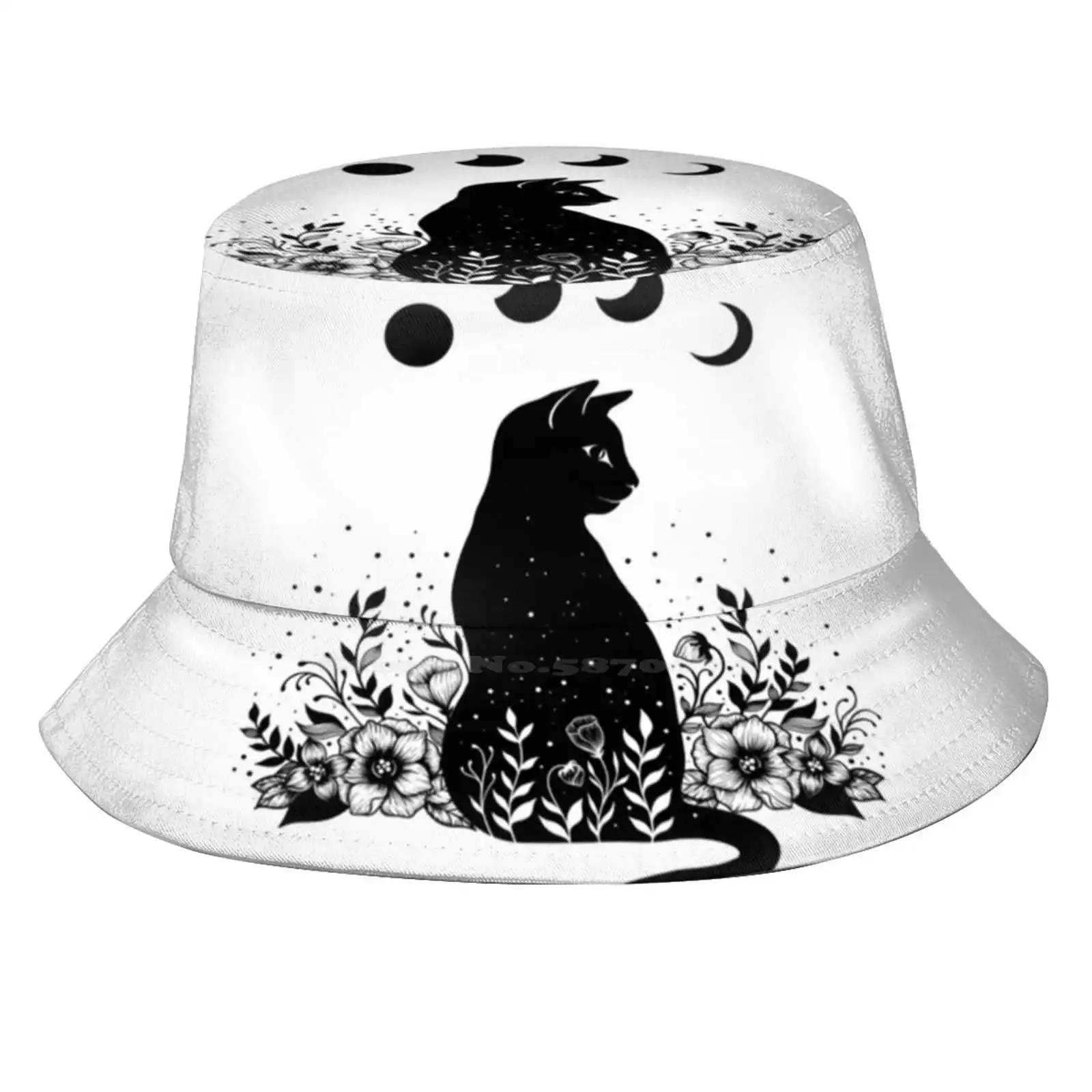 Night Garden Cat Sun Cap Fisherman Hat Bucket Hats Night Garden Moon Phase Moon Light Moonshine Flower Pet Kitty Black Cat