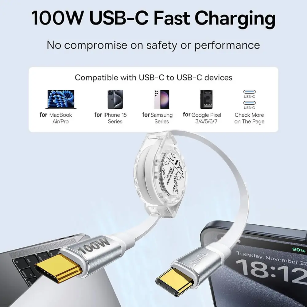 100W Retractable USB Type C to USB C Data Cable For iPhone 15 Plus Pro Max For MacBook Samsung Xiaomi PD Fast Charge Cable