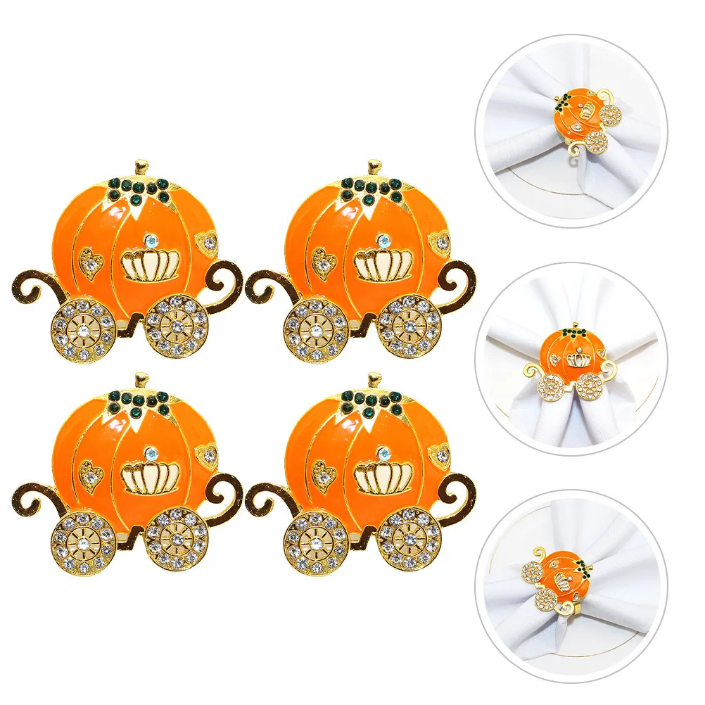 4Pcs Pumpkin Cart Napkin Ring Set Rhinestone Accented Alloy Napkin Holders for Formal Casual Gatherings Holiday Table Decoration