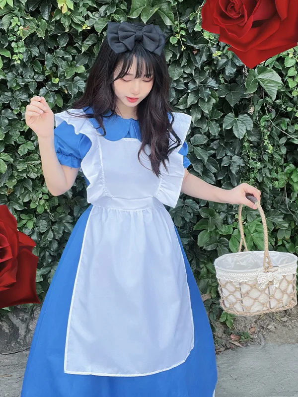 Disfraz de Halloween de Alicia en el País de las Maravillas, Uniforme de Sirvienta de Manga Corta, Estilo Lolita, Falda de Princesa para Mujer