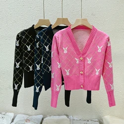 Winter New Women Fashion V-Neck Sweet Cute Single-Breasted Jacquard Rabbit Short Knitted Cardigan Sweater Top