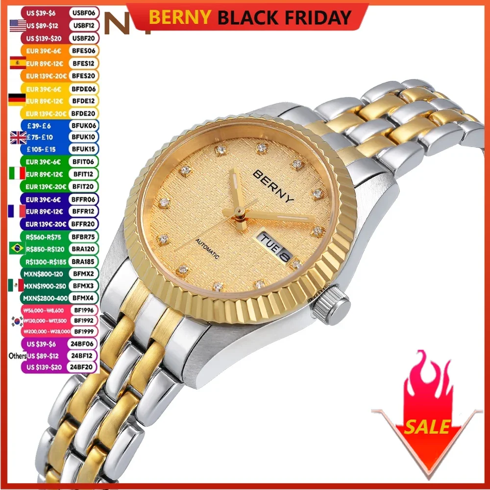 BERNY Mechanical Watch for Women Automatic Ladies Small Watches Chinese Style Happiness Wedding Sapphire Full Stainless steel