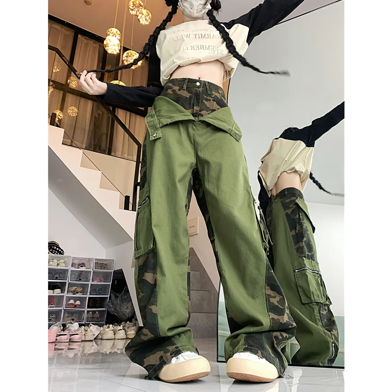 

Camouflage Jeans Women Splicing Together Vintage High Waisted Jean Straight Trouser Streetwear Casual Loose Wide Leg Denim Pants