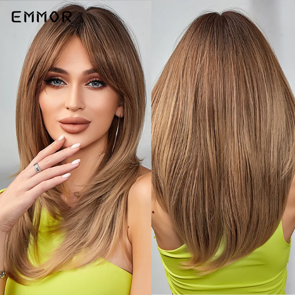 Emmor สังเคราะห์สีดำ Ombre วิกผมสีบลอนด์ Bangs วิกผมผมคอสเพลย์ความร้อนธรรมชาติวิกผมสำหรับผู้หญิงทุกวันวิกผม