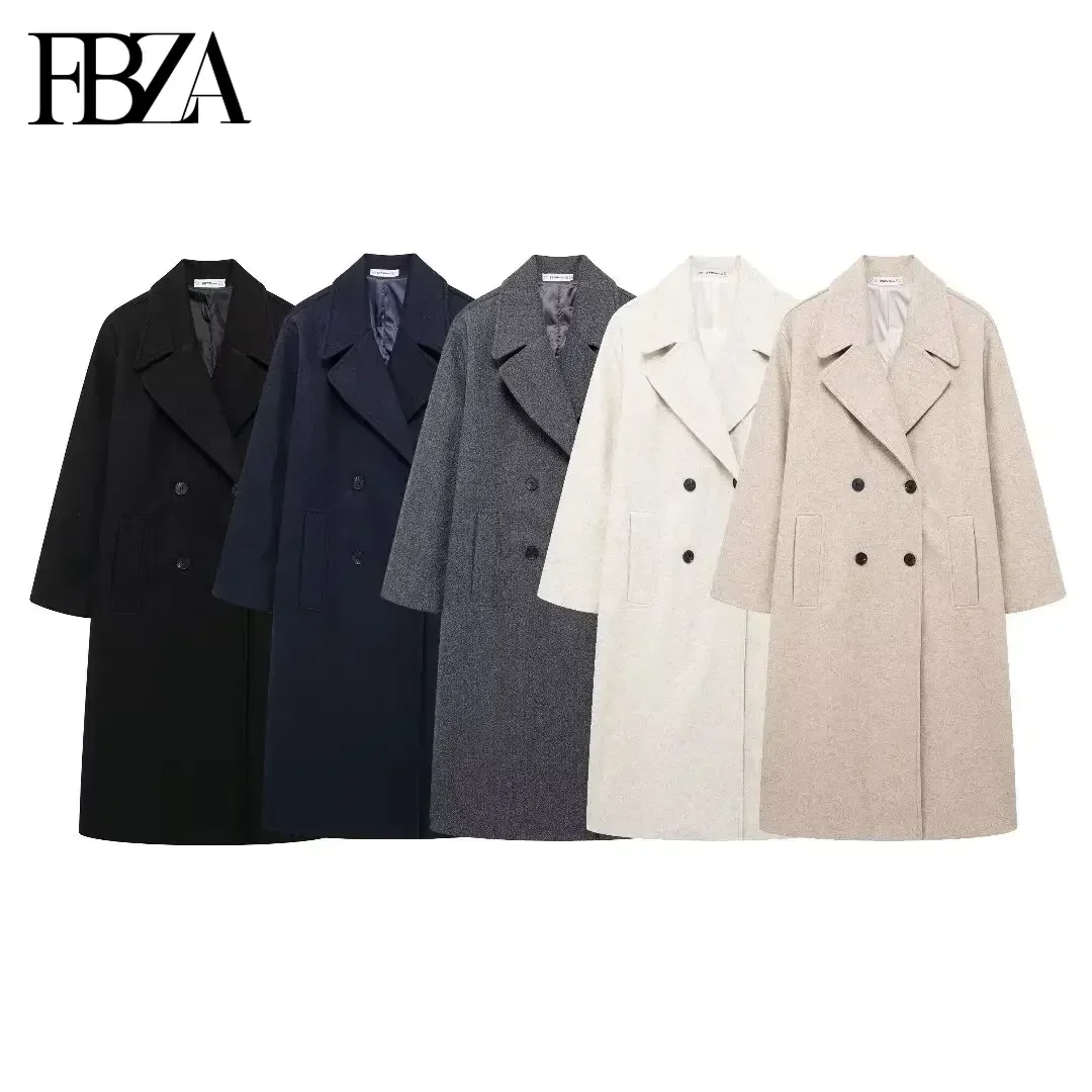 FBZA Women Fashion Autumn Winter 2024 New Wool Blend Warmth Loose Long Coat Jacket Double Breasted Lapel Overcoat Trench