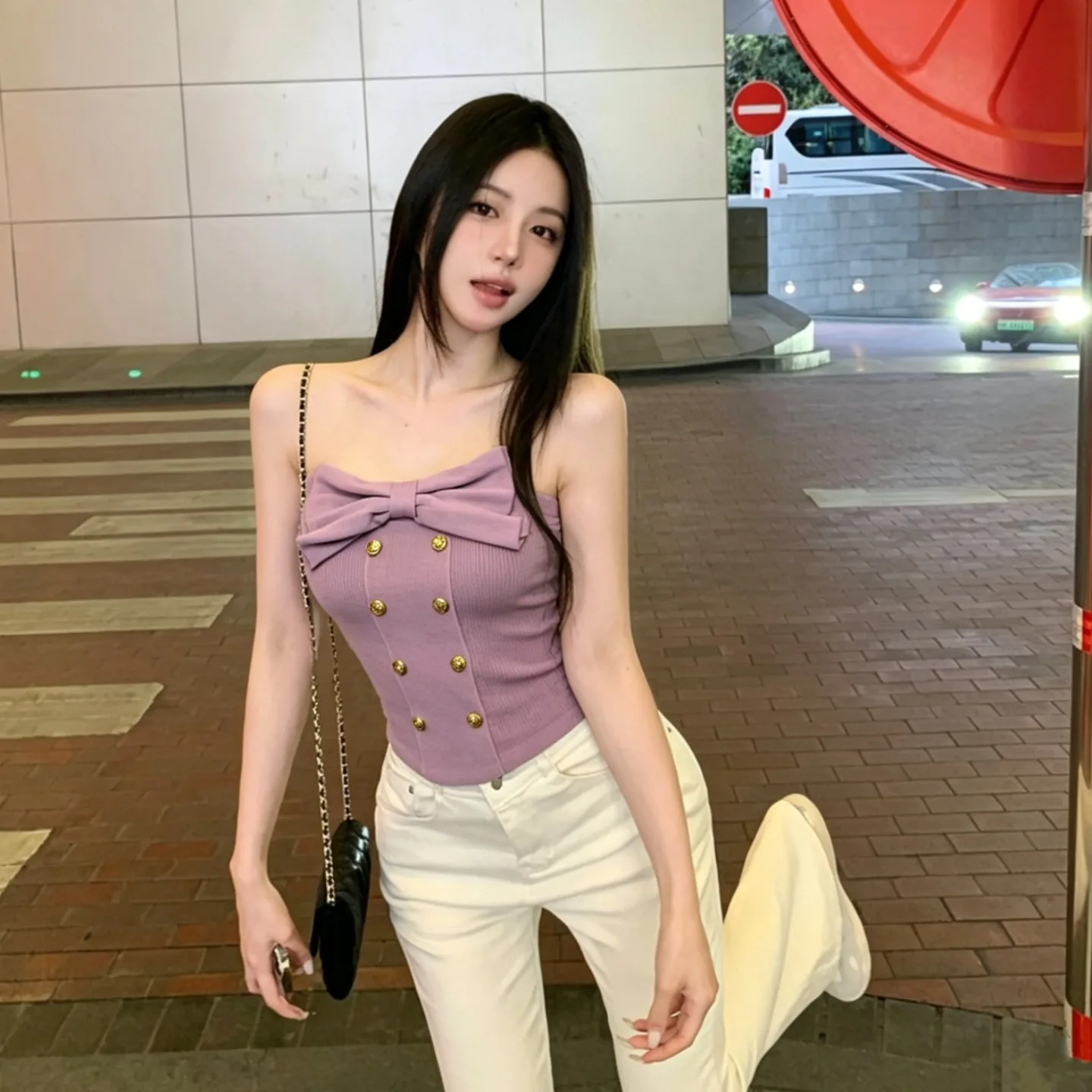 Slimming Knitted One-Shoulder  Knot Inner Wear Base Shirt Pure Desirable Spicy Girl Style Sweet Atmosphere Button De...