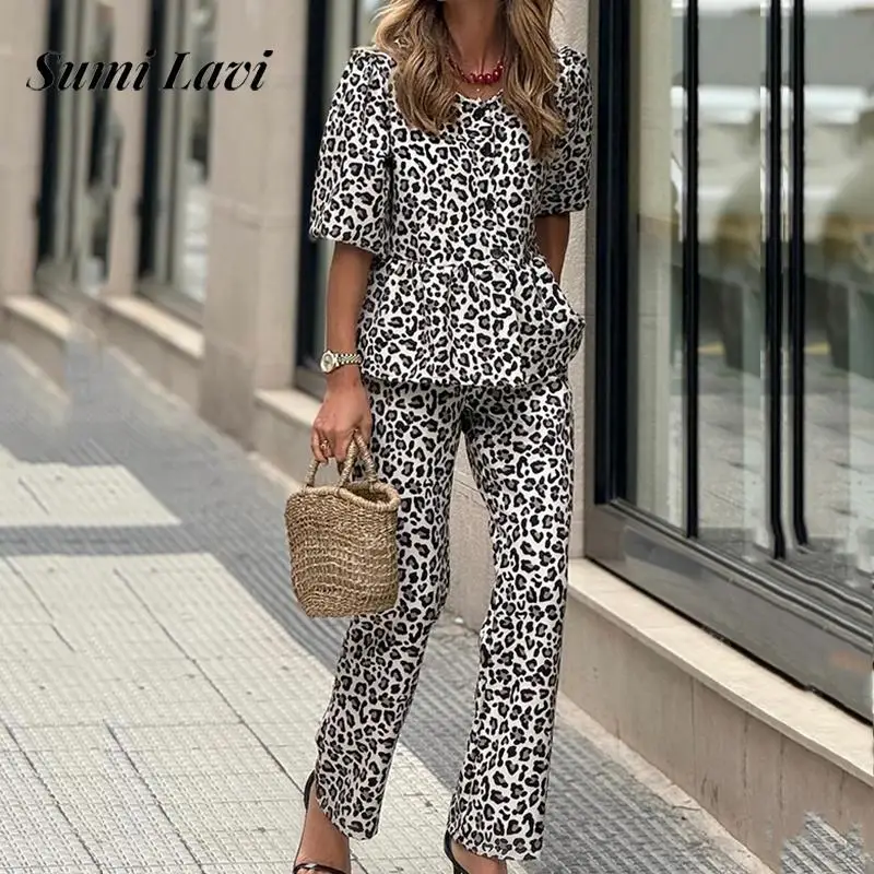 Fashion Leopard Printed Straight Sets Elegant O-neck Pullover Top & Long Pants Suits Women Casual Puff Sleeve Loose 2Pc Outfits