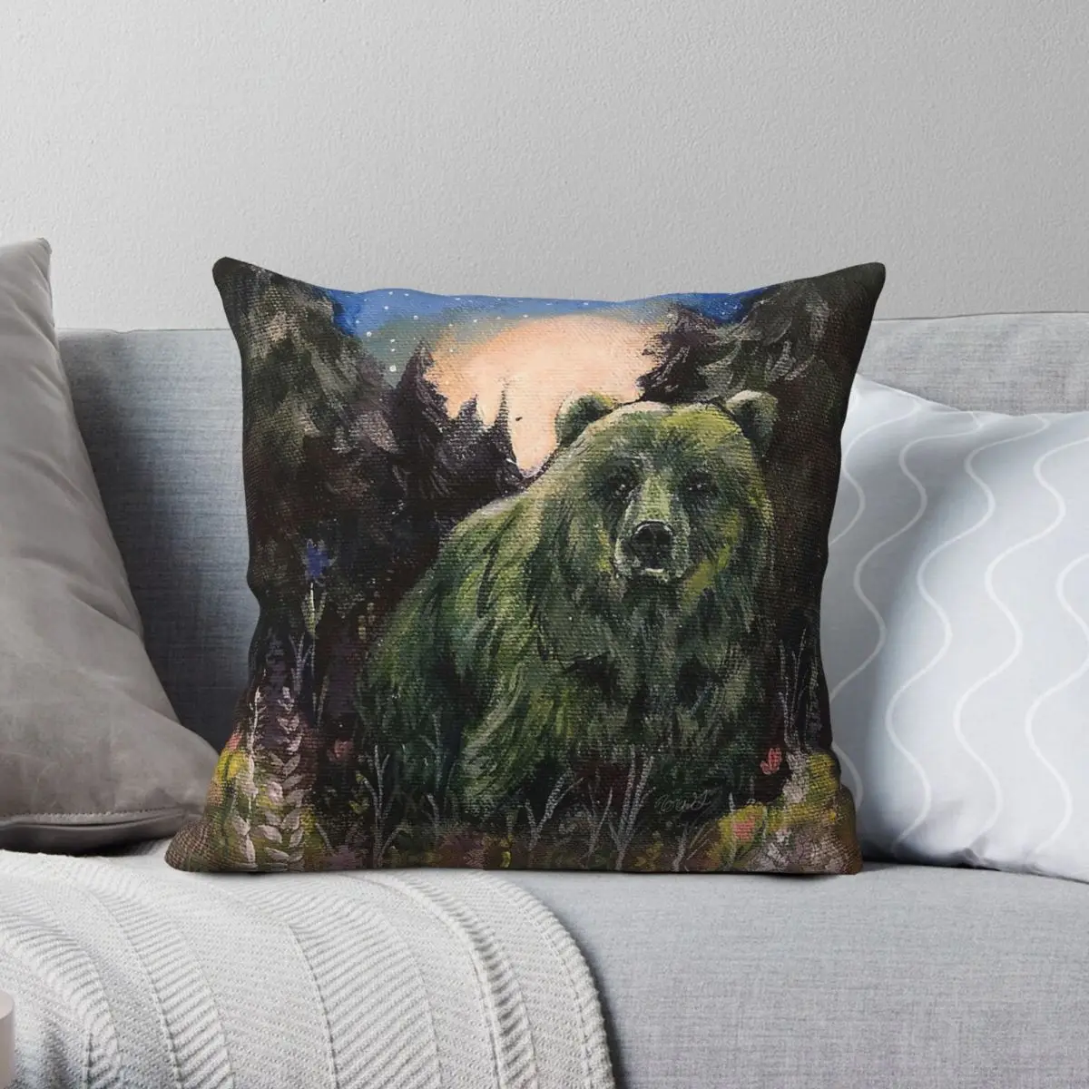 Sweet Grass Green Bear Square Pillowcase Polyester Linen Velvet Printed Zip Decorative Car Cushion Cover 18