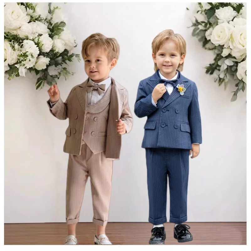 

80-150 Little Boys khaki 4Pieces/Set Jacket Vest Pants Bowtie Birthday Dress Kids Photograph Suit Children Wedding Party Costume