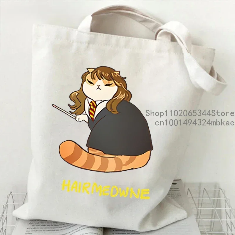 Potter gatos bolsa de lona feminina sacos de ombro harajuku animal gato engraçado sacola reutilizável saco de compras potter gatos bolsas femininas