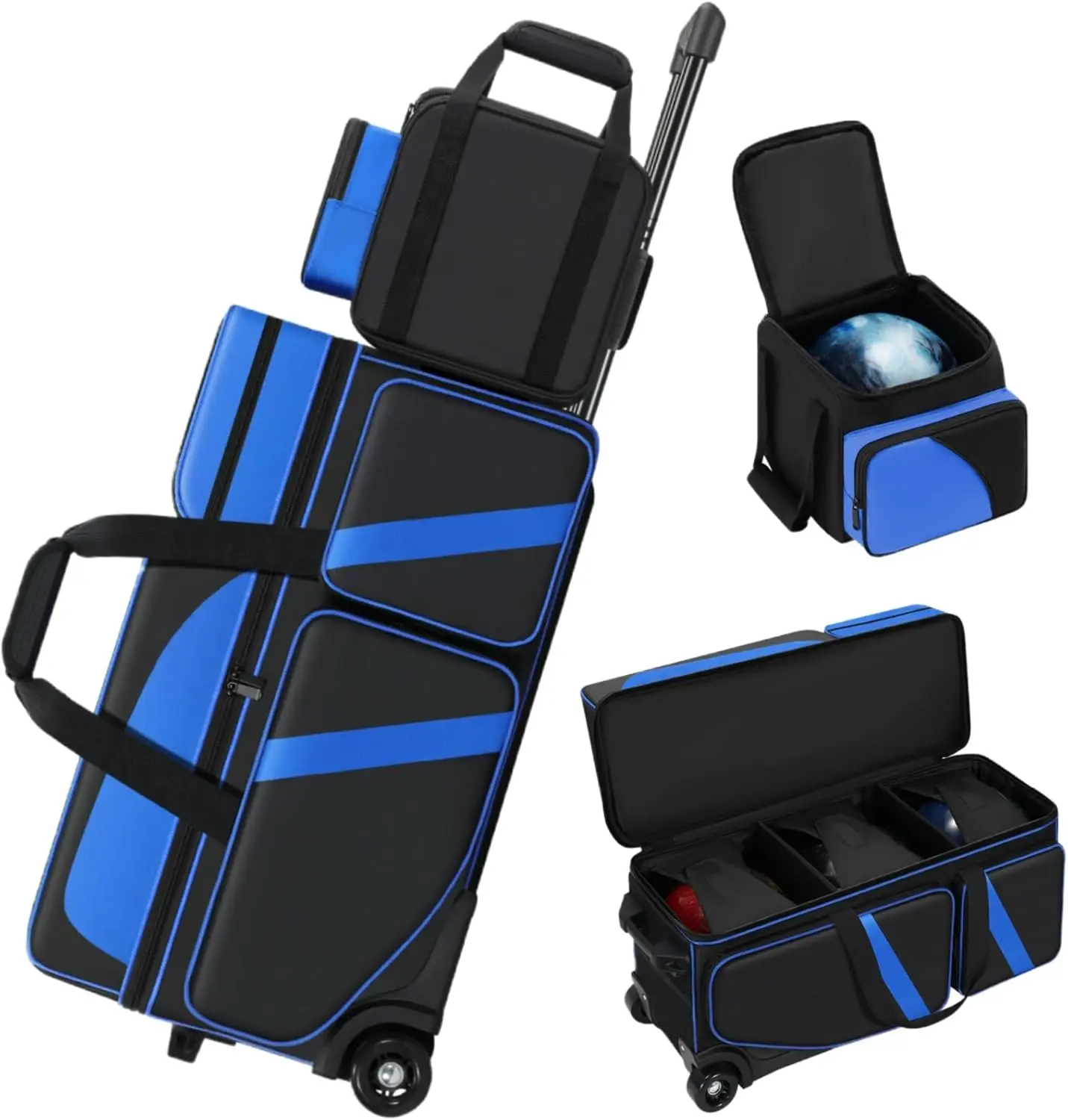 

4 Ball Bowling Bag with Wheels, Rolling Tote with Secure Cup & Shoe Compartment