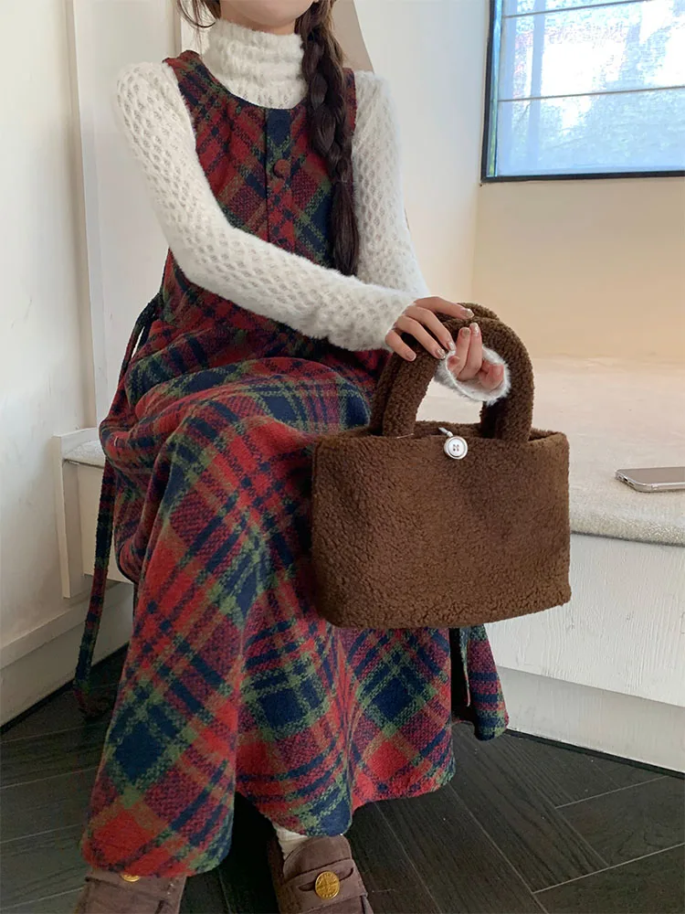 Korobov Winter Plaid A-line Skirt Women Clothing Woolen Vest Dress Sweet Age Reduction Vintage Dresses Korean Fashion Vestidos