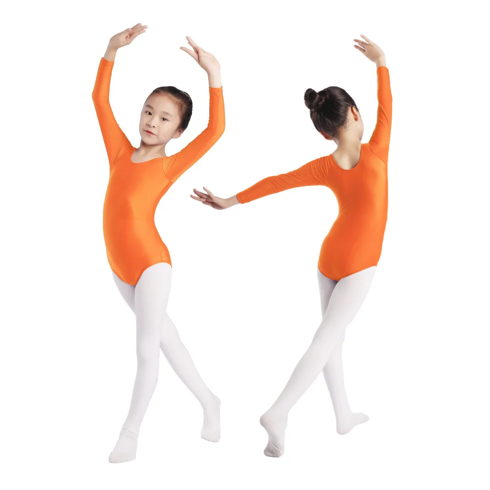 فستان رقص الباليه للأطفال البنات بأكمام طويلة ورقبة دائرية وأرجل عالية القطع أزياء الرقص الصلبة #4