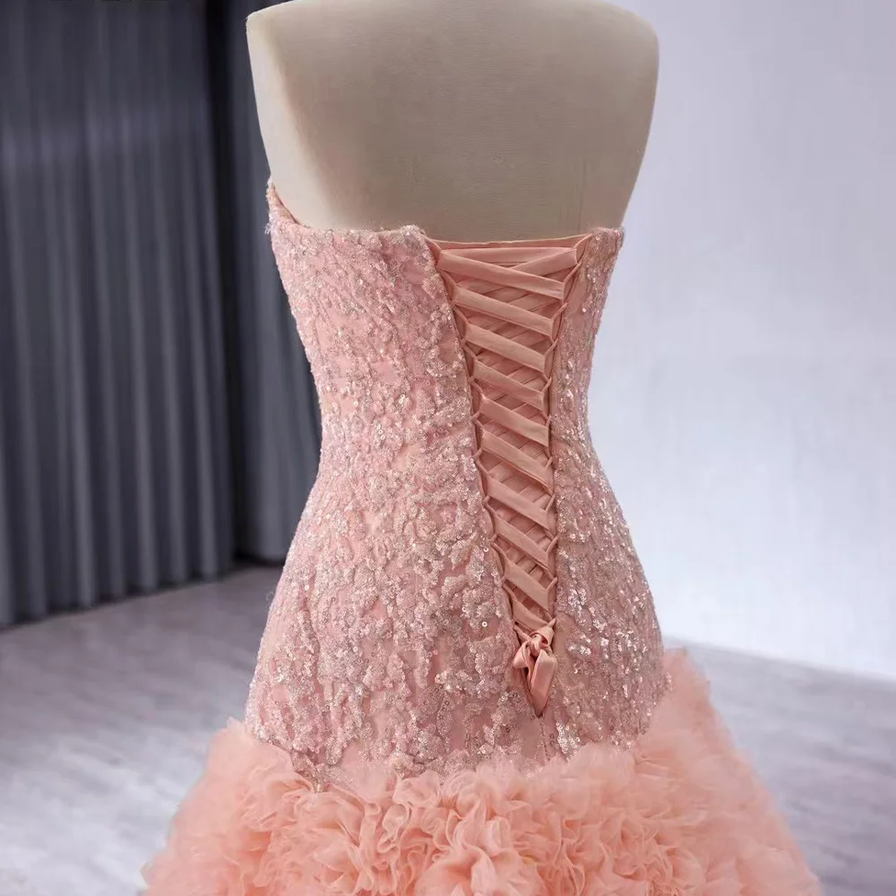 Luxury Pink Strapless Evening Dress Sequined Ruffles Sleeveless With Lace-Up Back Customizable 2026